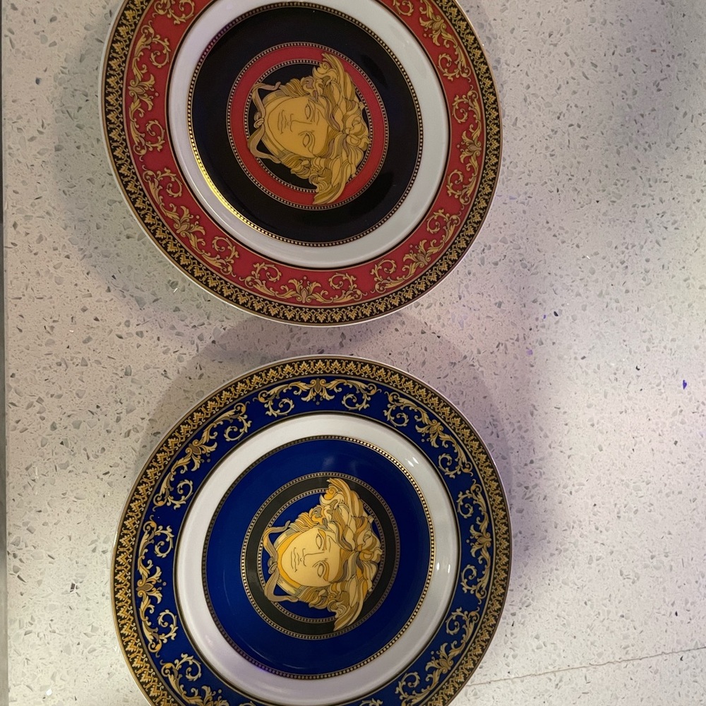 Versace Red and Blue Medusa Plates with Gold Accents NEW SET OF TWO!